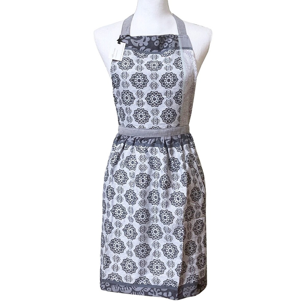 NEW Anthropologie Nifty Flower Apron Adult Black White Grey Cotton Jacquard